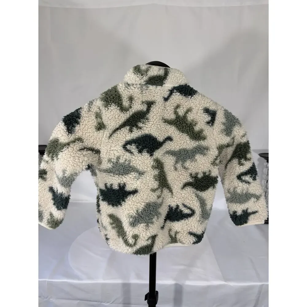 The Children's Place 3T Dinosaur Sherpa Fleece Full Zip Jacket Beige/Green